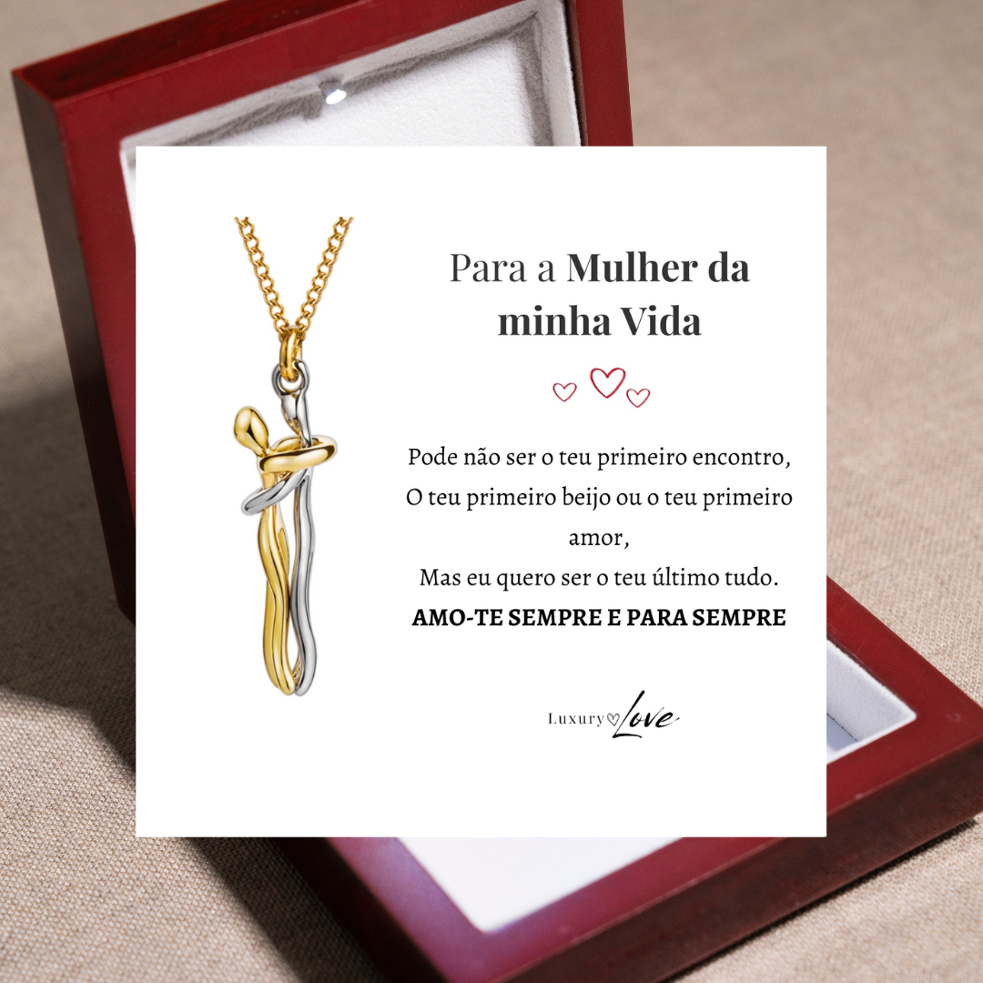 Colar Abraço-Infinito® para o meu Amor (com dedicatória e caixa de madeira com luz)