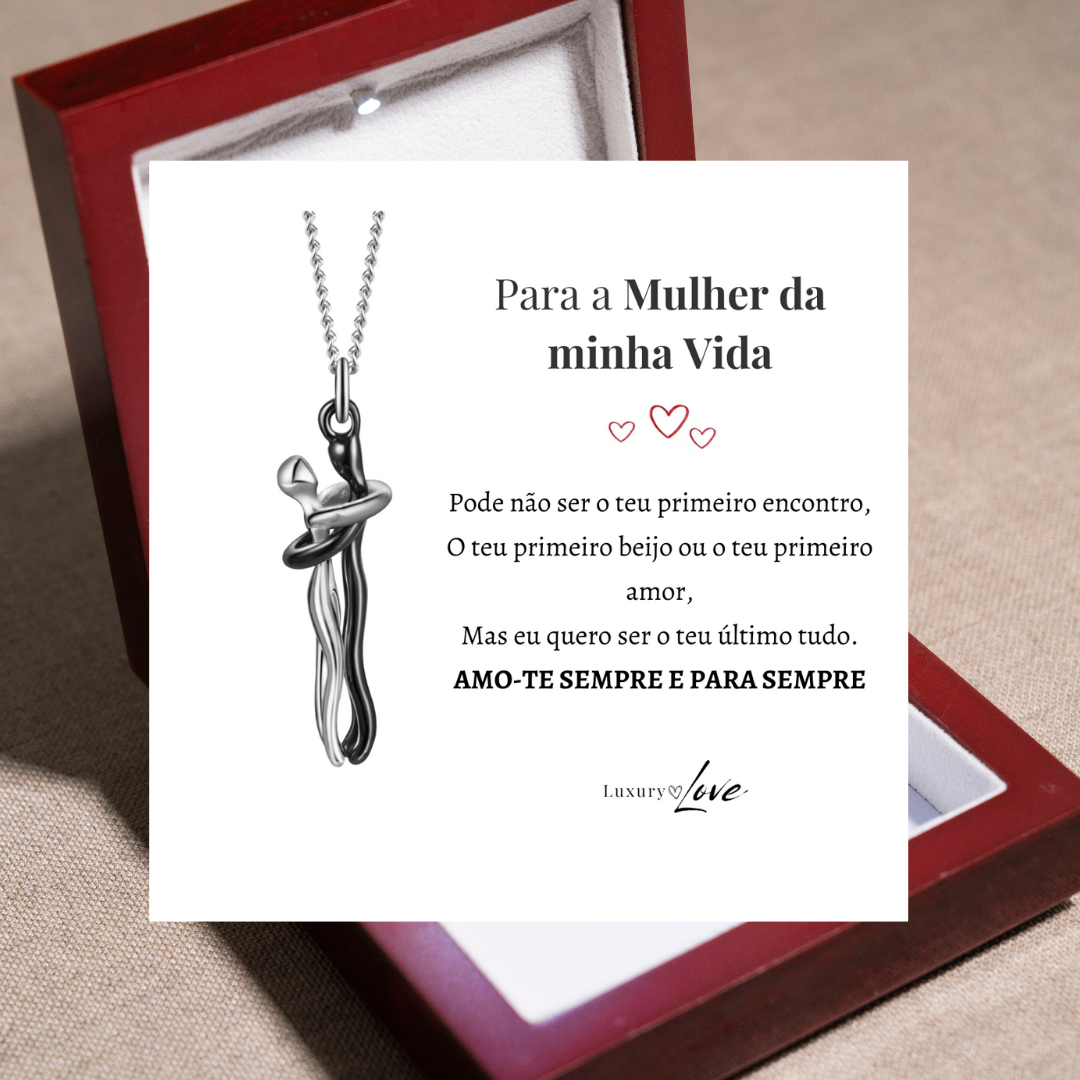 Colar Abraço-Infinito® para o meu Amor (com dedicatória e caixa de madeira com luz)